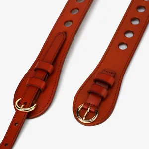 Brown leather belt strap with gold metal buckle, stylish versatile dress accessory for women.