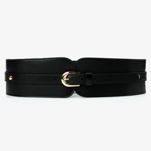 Black wide waist belt for women, stylish elastic cincher with gold buckle for dresses.