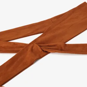 Women retro brown suede fabric waist belt Japanese style wide sash tie dress accessory