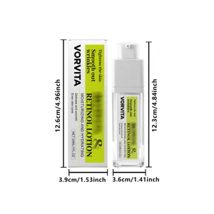 Detailed view of VORVITA retinol lotion bottle and box packaging showing dimensions and 30ml.