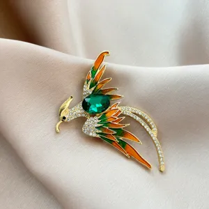 Vintage rhinestone enamel phoenix brooch, elegant Chinese style bird corsage for women apparel.
