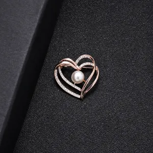 Elegant double heart rhinestone pearl brooch vintage sweater pin women jewelry accessory main