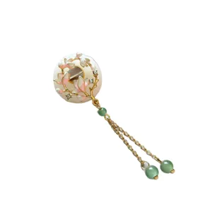 Chinese vintage magnolia brooch with tassels, elegant gold-plated pin for cheongsam