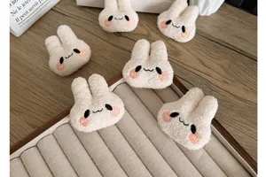 Detail shot of soft fleece texture on cute cartoon plush rabbit DIY craft accessories