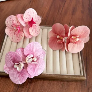 Elegant large Phalaenopsis orchid hair clips with pearls, realistic simulated flower accessories