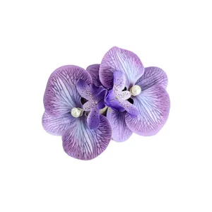 Elegant large purple orchid hair clip with simulated silk flowers and white pearl accents