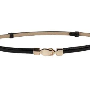 Women's slim black patent leather belt with gold metal buckle, stylish dress accessory.