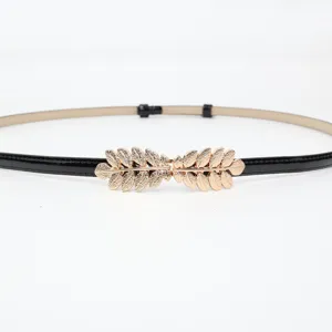 Women thin waist belt black leather strap with gold leaf buckle for dress and shirt