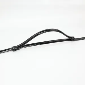 Black patent leather thin belt for women, stylish adjustable dress waist belt accessory.