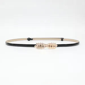 Women thin black belt with gold leaf buckle stylish decorative waist belt for dress
