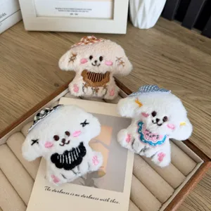 Set of three cute plush puppy brooches with plaid hats for DIY bag and clothing decor