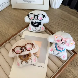 Set of cute plush dog charms with round glasses for DIY handmade crafts and accessories