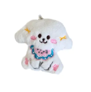 Adorable white plush dog charm with colorful embroidery details for bags and DIY crafts