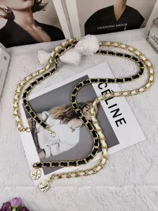 Chanel style metal chain strap leather woven waist chain retro coin pendant bag accessory