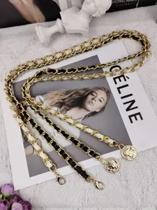 Chanel style gold metal chain leather woven waist belt clothing dress accessory elegant strap