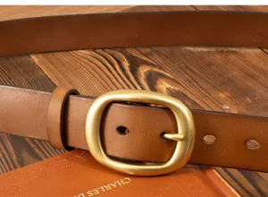 Retro genuine leather women's belt with vintage brass buckle casual jeans decorative belt