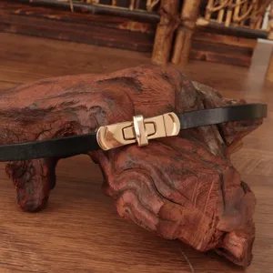 Gedetailleerde close-up van een slanke zwarte lederen riem met een gouden draaisluiting.
