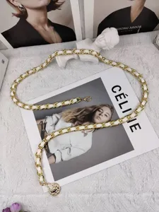 Chanel style gold metal leather woven chain belt elegant waist accessory for dresses and suits