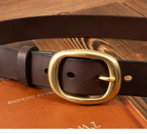 Vintage genuine leather women belt with metal pin buckle detail shot for daily wear.