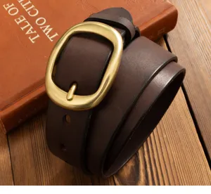 Vintage dark brown genuine leather belt detail featuring a classic polished gold pin buckle