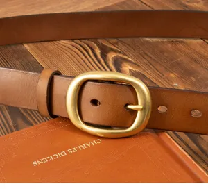 Retro brown genuine leather belt for women, featuring a classic gold-toned pin buckle.