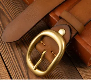 Retro women's genuine leather belt with classic brass pin buckle and fine stitching.
