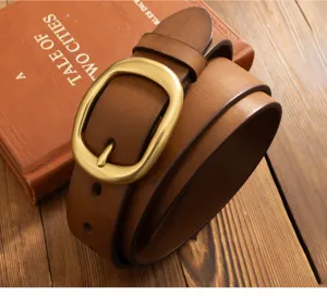 Retro brown leather belt for women, casual pin buckle waist strap for everyday jeans and dresses.