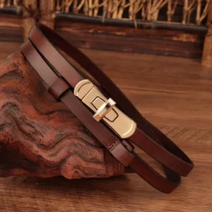 Vrouwen smalle echt lederen jurk taille riem met elegante rotatie metalen gesp detail