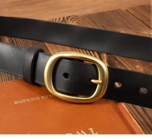 Vintage genuine leather belt detail view, women casual cowhide strap with gold oval pin buckle.