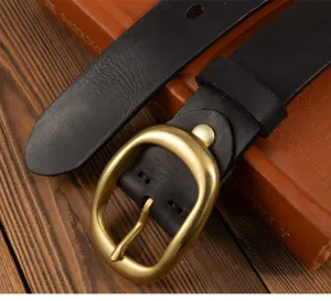 Retro women genuine leather belt with classic metal pin buckle, perfect for casual jeans.