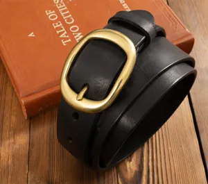 Retro women casual genuine leather belt with classic brass pin buckle for jeans daily wear detail.