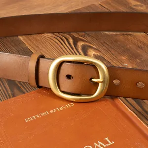 Women Retro Genuine Leather Belt Casual Top Layer Cowhide Waistband With Gold Metal Pin Buckle Fashion Jeans Decorative Belt