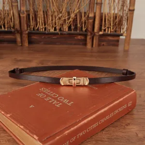 Slanke donkerbruine echt lederen riem detail met gouden draaibare gesp voor jurken.