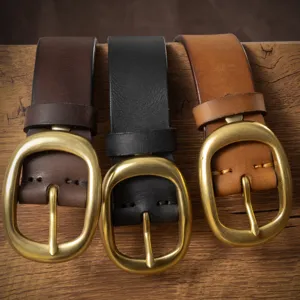 Vintage leather belt for women casual cowhide strap with large brass buckle fashion daily