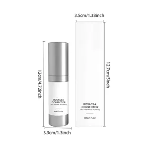 Detail view of skincare facial serum bottle and box with exact size dimensions shown clearly.