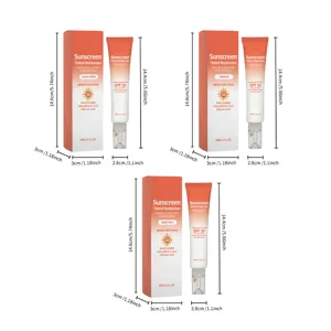 Vue détaillée des tubes de crème solaire hydratante teintée SPF 30 avec guides de tailles.