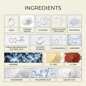 Liste détaillée des ingrédients de soins cutanés montrant de précieux actifs et textures.