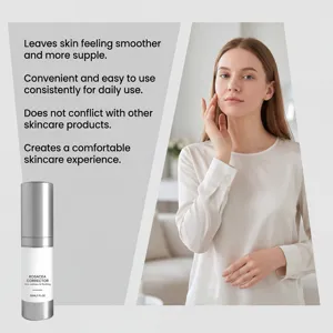 Detail view of soothing facial essence corrector bottle with clean skincare background.