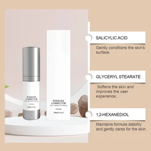 Detailed view of the gentle facial soothing serum bottle with ingredient highlights for skin care.