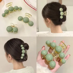 Elegant green pearl design hair claw clip set for Korean style bun hairstyles
