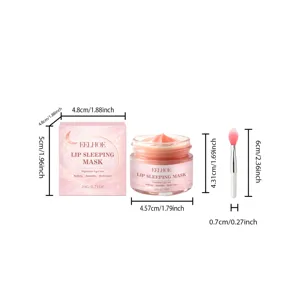 Vista detallada del frasco de mascarilla labial y pincel con las medidas de dimensión.