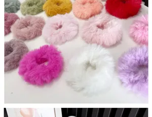 Detailed view of various colorful furry hair scrunchies made of soft plush material
