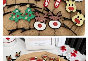 Detailaufnahme festlicher Weihnachts-Glitzer-Haarklammern mit Rentieren und Bäumen