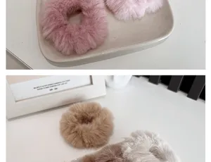 Detailed macro view showing the soft texture of colorful faux fur hair scrunchies