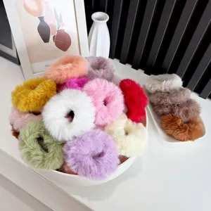 Colorful plush faux fur scrunchies for high ponytails, soft elastic hair bands set