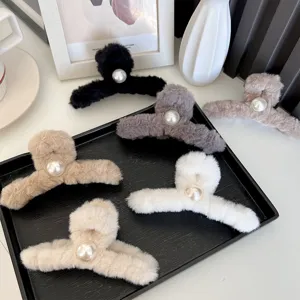 Pince à Cheveux en Peluche avec Perle Style Maillard Pince Requin Coréenne Grande Épingle à Cheveux pour Femme Automne Hiver