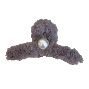 Pince à cheveux en peluche grise avec décoration élégante de perle