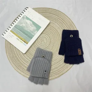 Women winter half finger flip cover knitted gloves thick warm touch screen wool mittens