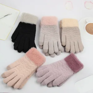 Detailed view of women winter touchscreen knit gloves with plush furry cuffs cozy warm accessories.