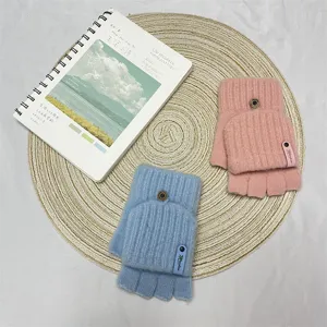 Women winter thick warm convertible half finger knit gloves fingerless outdoor mittens